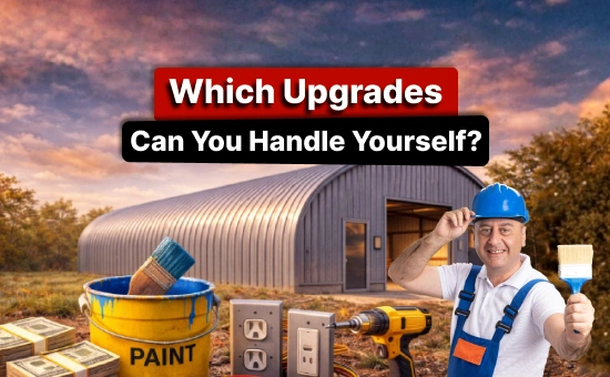 Steel building kit upgrade installation concept showing metal building exterior, contractor holding paintbrush, paint bucket, electrical outlets, drill, and cash for DIY improvements.