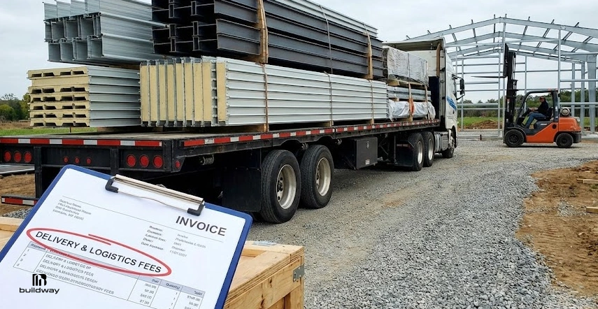 A flatbed truck delivers metal building materials to a construction site, while an invoice highlights "Delivery & Logistics Fees" in red.