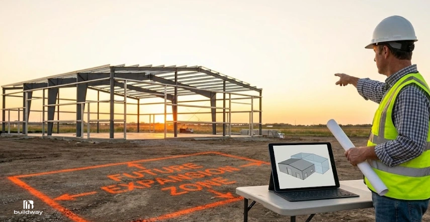 Construction planner in a safety vest and hard hat pointing toward a steel building frame at sunset, with a laptop displaying a 3D building model and 'Future Expansion Zone' marked on the ground.