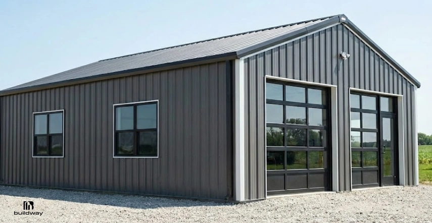 Finished metal building exterior with vertical gray siding, two glass garage doors, side windows, and a gable roof on a gravel lot.