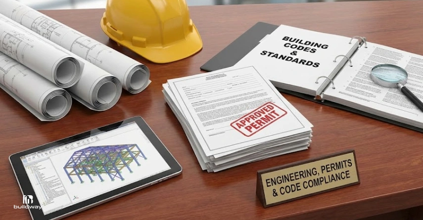 A desk with building plans, a hard hat, permits stamped "APPROVED," and a binder labeled "Building Codes & Standards," showing the permitting and compliance process.