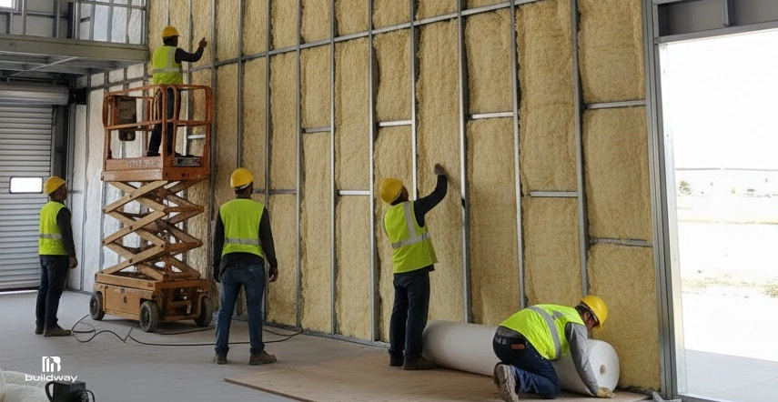 Construction crew installing fiberglass insulation batts inside a metal building wall, using a scissor lift and securing insulation between steel framing.