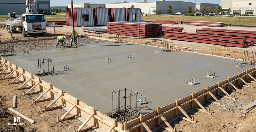 Workers finish a freshly poured concrete foundation at a construction site, with steel reinforcements and building materials in the background.