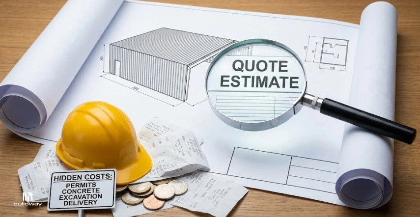 A magnifying glass highlights "QUOTE ESTIMATE" on a building plan, with a hard hat, coins, receipts, and a note listing hidden costs: permits, concrete, excavation, and delivery.