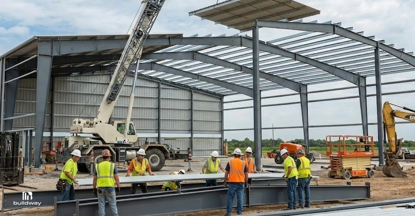Construction workers and equipment assemble a steel building frame, with cranes and lifts in use on-site.
