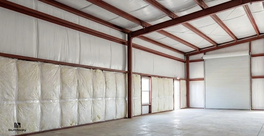 Interior of a steel building with insulated wall panels, exposed red steel framing, white ceiling insulation, concrete floor, windows, and a large roll-up garage door.