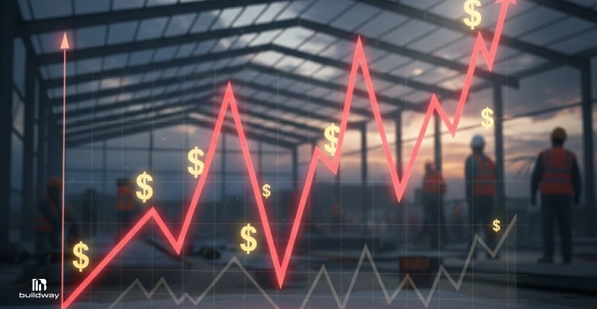 A rising cost graph with dollar signs is overlaid on a construction site, highlighting increasing building expenses.