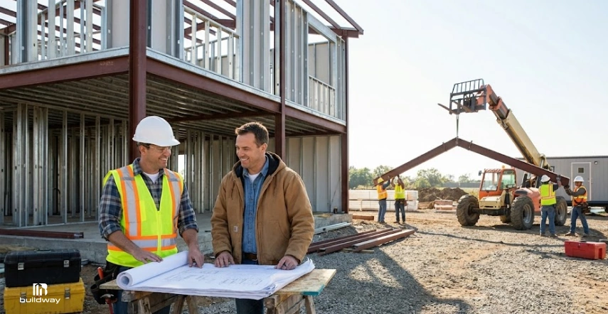 Contractor and client reviewing construction blueprints in front of a steel building frame while workers use a telehandler to lift a beam on an active job site.