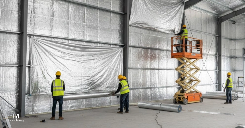 Workers installing reflective foil insulation inside a metal building, securing large radiant barrier sheets to steel wall framing using a scissor lift.