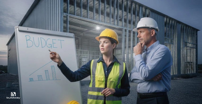 Female construction manager in a hard hat and safety vest presenting a budget chart on a whiteboard to a male colleague at a construction site with a partially built metal structure in the background.