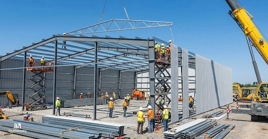 Construction crew installing wall panels and roof framing on a large steel building as a crane lifts a truss into place, with workers on scissor lifts and ground crew guiding the assembly.