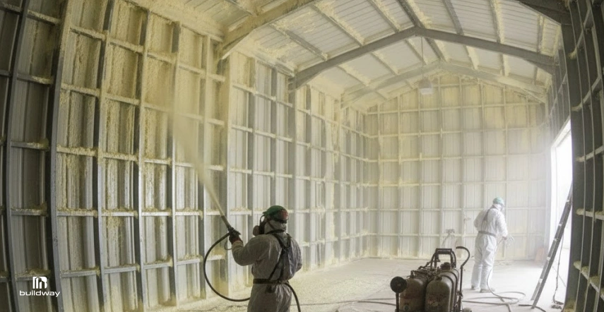 Workers applying spray foam insulation inside a metal building, coating walls and ceiling to create an airtight, energy-efficient barrier.