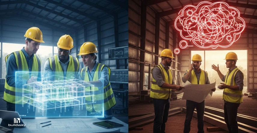 Side-by-side image showing a construction team collaborating with a digital building model versus a team facing confusion and miscommunication on site.