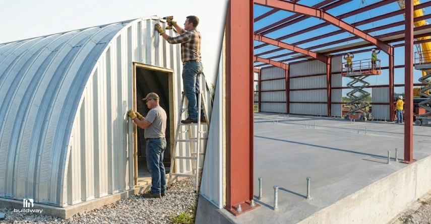 Workers installing corrugated metal panels on a curved steel building exterior while another crew assembles a red steel frame structure using a scissor lift inside a concrete foundation.