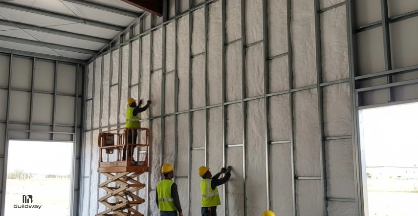 Metal building interior with workers installing wall insulation panels inside a steel frame structure using a lift, improving energy efficiency and temperature control.