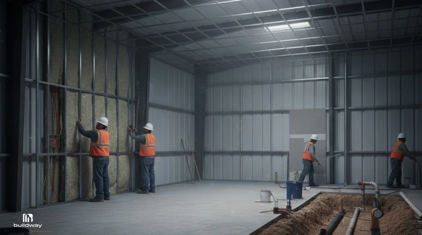 Workers install insulation and plumbing inside a metal building under construction.