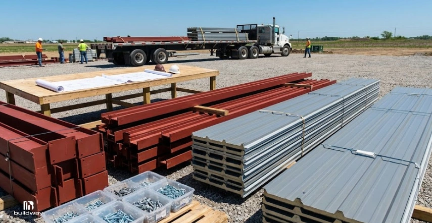 Stacks of red steel beams and gray metal panels laid out on a gravel construction site with workers, a flatbed truck, blueprints on a table, and hardware supplies nearby.