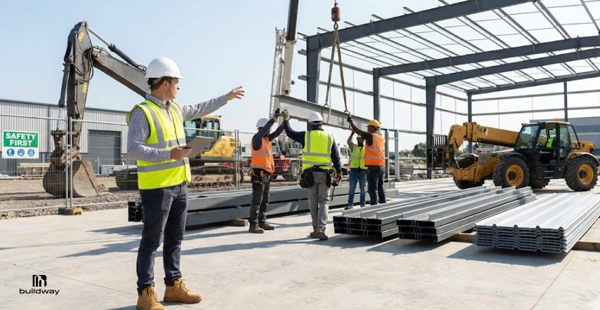 Construction crew assembling a steel building frame with crane lifting beams, workers in safety vests guiding the structure, and heavy equipment on an active job site.