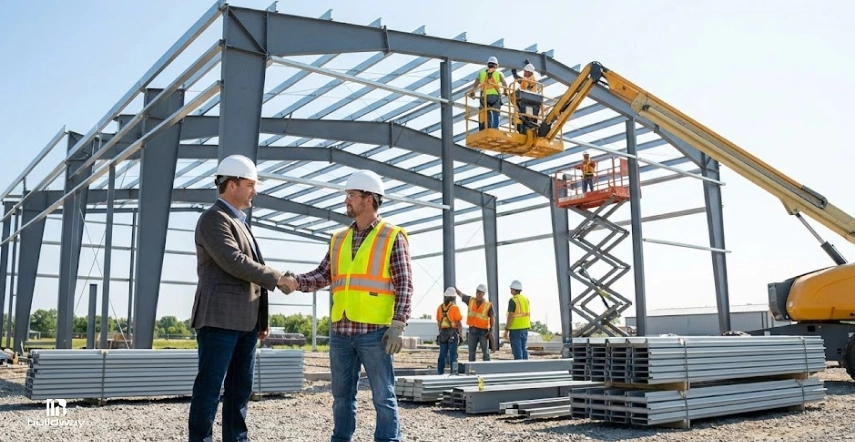 Two men in hard hats shaking hands in front of a steel building frame under construction, with workers installing roof beams using a boom lift and scissor lift.
