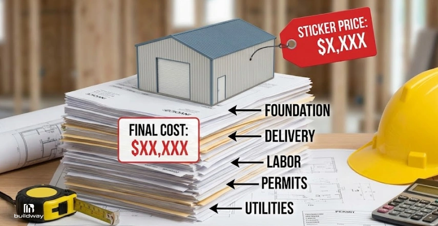 Model building labeled "$X,XXX" sits on papers showing added costs like labor, permits, and utilities. Final cost is much higher.