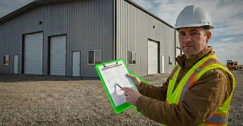 Construction supervisor in a safety vest and hard hat holding a green clipboard with a checklist in front of a completed metal building with multiple garage doors.