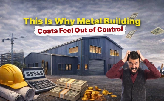 Frustrated man holding his head in front of a large commercial metal building with construction tools, cash, and calculator, symbolizing rising costs and financial stress in metal building projects.